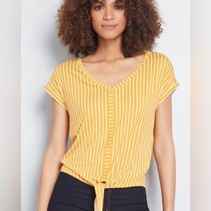 ModCloth Timely Arrival Tie Waist Top in Yellow Stripe - Size 4X